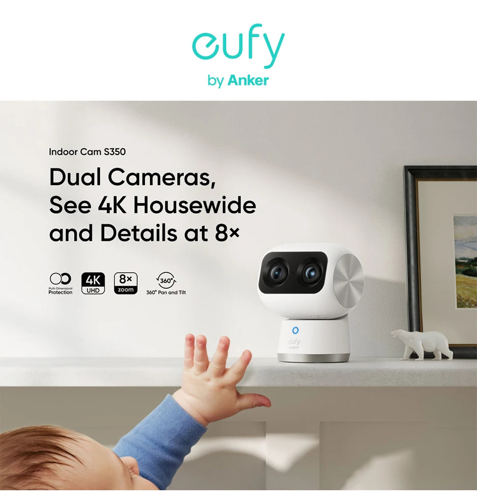 eufy S350 Indoor Cam – 4K Dual Lens, 360° PTZ, AI Pet Tracking